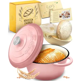 KRUSTENZAUBER Gusseisen Topf Brot backen emailliert inkl. Gärkorb - 26cm Emaille-Topf samt Zubehör - Ideal als Brotbacktopf, Brottopf, Brotbackform - Rosa