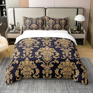 100% Gewaschte Baumwolle Elegante Damast Bettwäsche Set Antike Barock Blumen Tröster Bezug für Teen Jungen Männer Gold und Schwarz Floral Bettbezug Stilvolle Moderne Europäische Tagesdecke 200x200