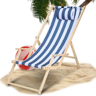 Yakimz Liegestuhl Strandliegestuhl Relaxliege Selbstmontage Holz Strandstuhl Klappbar Blau weiß Mit Handläufen