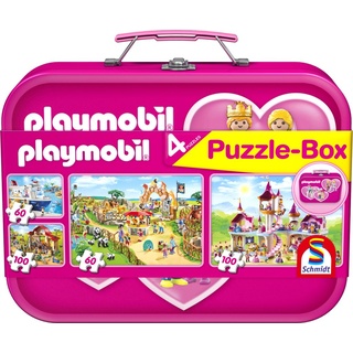 Puzzlebox PLAYMOBIL pink 4 Kinderpuzzle im Metallkoffer 2x60 und 2x100 Teile