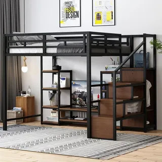 Merax Hochbett 140x200 mit TV-Ständer, Kinderbett mit Steckdose und Sicherheitsleiter, Etagenbett aus Metall und Holz, platzsparendes Loftbett, Sc... - Schwarz