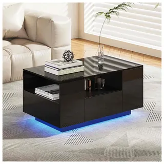 Makika LED Couchtisch / Design Wohnzimmertisch mit Ablagefach und Schubladen - Schwarz Hochglanz