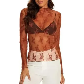 Haibang Damen Netzoberteil Spitzen Blumenstickerei Sexy Sheer Mesh Tops Transparentes Bluse Rundhals Netz Oberteil Leichtes Durchsichtige Langarm T-Shirt Rave Outfit für Party Club - M