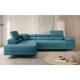 GOLDSTOFF ASTON Ecksofa L-Form 273x203 cm | Designer-Schlafsofa mit Bettfunktion & Stauraum | Modernes Wohnzimmer-Ecksofa mit Liege- & Schlaffunktion - Türkis