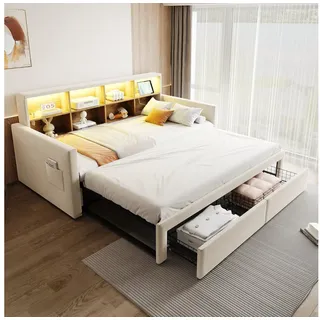 STILVORA Schlafsofa mit bettkasten Polsterbett 90/180×190 Tagesbett ausziehbar Samtstoff, mit LED-Kopfteil, Steckdosen & Schubladen, Ausziehbares Kinderbett 90/180x190 cm, ohne Matratze beige