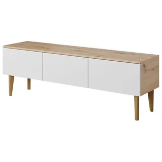 PAWS MEBLE Bergen RTV 150 3D Eiche Artisan/Weiße Front – Skandinavisches TV-Lowboard 150 cm – Push-to-Open – Holzfüße – 3 Klapptüren
