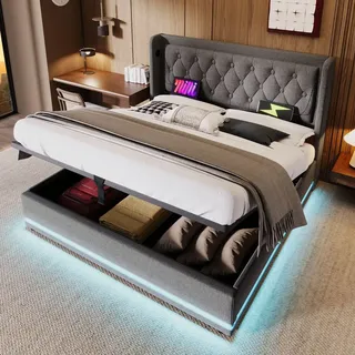 okwish Boxspringbett Polsterbett 180 x 200 cm mit Kopfteil mit USB-Ladeanschluss und LED-Beleuchtung, Hydraulisches Stauraumbett mit Bettkasten Sta... - Grau