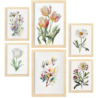 POSTER Set Mit 6 Pastellblumen Vollfarbige Natur Und Botanikdrucke Mit Blumenmotiven Auf Reinweißen Hintergründen A3 & A4 Rahmen Aus Hellem Holz