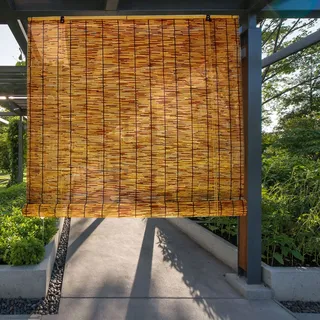 Bambusrollo Aussenbereich Outdoor Wetterfest Rollos Außenrollo Balkon Sonnenschutz Bambus Sichtschutz Jalousien mit Lifter Trennwand Schilf Vorhang Lichtfilterung Vorhänge für Fenster Türen Patio ( Si