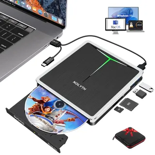 NOLYTH Externes Blu ray Laufwerk: USB-C Bluray Brenner Extern mit SD/TF Slot/USB Ports/Tasche Tragbar Externe Blu-ray Laufwerke CD DVD BD Blue Ray Player für Laptop PC Mac MacBook Windows 11