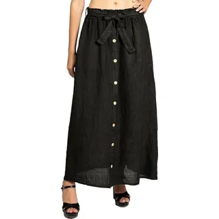 Caspar Faltenrock RO032 langer Maxi Sommer Leinenrock mit Holzknöpfe Dekor schwarz 40