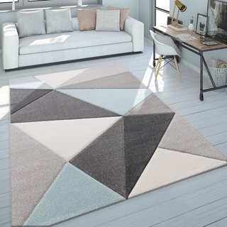 Paco Home Designer Teppich Moderner Konturenschnitt Trendige Dreiecke Pastell Grau Türkis, Grösse:80x300 cm