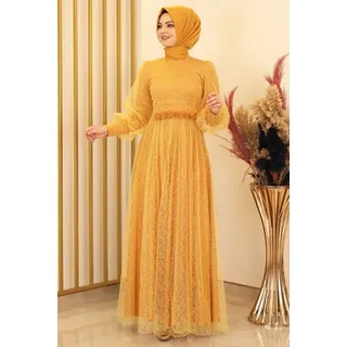 fashionshowcase Abendkleid silbriges Tüllkleid Abiye Abaya Hijab Kleid Maxikleid (SIMLI GAMZE) (ohne Hijab) Hoher Kragen, kein Ausschnitt. gelb 46(EU 44)