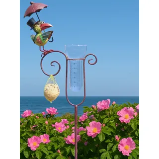 Pommerntraum ®| Regenmesser Niederschlagsmesser Gartendeko Gartenkunst Rabe | Pluviometer Ombrometer Meisenknödelhalter Rostoptik Gartenstecker Gartendeko Vogel Vögel (PROF. DR. RABE MIT REGENSCHIRM)