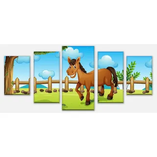 wandmotiv24 Mehrteilige Bilder Pferde auf der Wiese, Kinder Motive (Set, 5 St), Wandbild, Wanddeko, Leinwandbilder in versch. Größen grün 200 cm x 100 cm x 1.8 cm