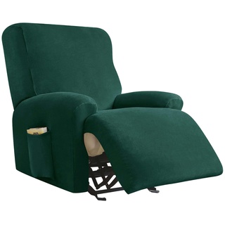 CLGTY Stretch Sesselschoner Für Fernsehsessel 4-Stück, Weich Samt überzug Für Relaxsessel Antirutsch Mit Tasche Sesselbezug Möbelschutz-dunkelgrün-sehsessel