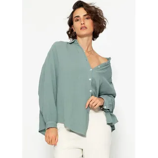 SASSYCLASSY Longbluse Oversize Musselin Bluse Damen kurz Langarm Elegant Hemdbluse lang aus Baumwolle mit V-Ausschnitt, One Size (Gr. 36-48) grün|weiß