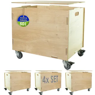 clipfritz - 4er Set Aufbewahrungskiste mit Rollen und Deckel MDF Holz (33x45,5x34,5cm + 6cm Rädern-Höhe) Rollbox zur Aufbewahrung - Kinderzimmer Kiste Spielzeug und Bücher - Spielzeugkiste, Rollkasten