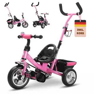 SPIELWERK Dreirad ab 1 Jahr Rosa | 2in1, klappbare Fußablage, Laufrad, Schubstange, Getränkehalter, Fußablage, Baby, Buggy, Kinderwagen, Kleinkind