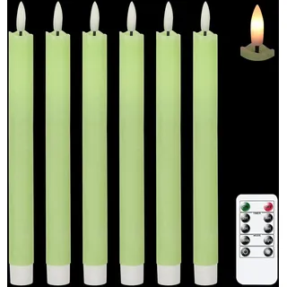 Eldnacele LED Stabkerzen mit Timerfunktion, flackernde Flamme Echtwachskerzen mit Fernbedienung, Grün Stabkerzen led 6 Stück (2 x 25CM) für Weihnachtsdeko, Zimmer Deko, Hochzeit und Party