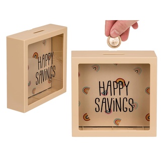 Cremefarbene Spardose mit Regenbögen, Happy Savings, ca. 15 cm, aus Kunststoff