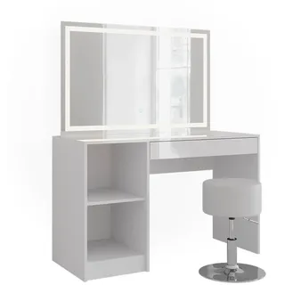 Vicco Schminktisch, Sherry, Weiß/weiß Hochglanz, 119.8 cm, mit LED-Beleuchtung und Hocker Vicco
