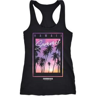 Neverless® Damen Tank-Top Hawaii Summer Schriftzug Palmen Foto-Print Sommer Surfing Racerback Schwarz L - L