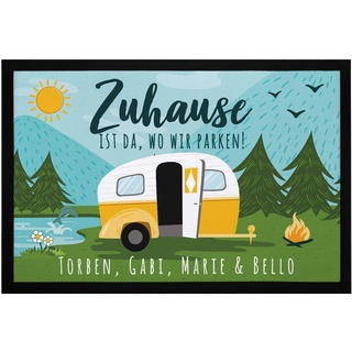 SpecialMe Fußmatte Familie personalisiert mit Namen Zuhause ist da wo wir parken Camping Wohnwagen rutschfest & waschbar schwarz 60x40cm