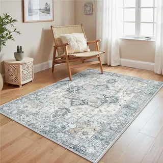 GENIMO Vintage Wohnzimmer Blau Teppich 120x170cm Waschbar & rutschfest | Waschbarer Retro Teppich,Weich,Rutschfest Kurzflor,für Wohnzimmer,Schlafzimmer, Esszimmer,Büro,Carpet,Teppiche