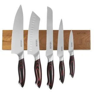 Messerset 6-tlg. Küchenmesserset Mit Magnetischer Messerhalter, Messer Aus Hochkohlenstoffhaltigem Edelstahl, Küchenbesteck Mit Ergonomischem & Bruchfestem Griff, Magnetleiste In Walnussoptik