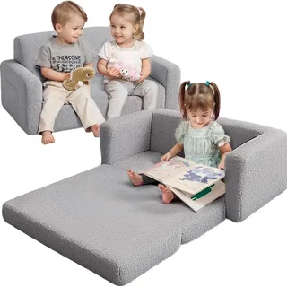 2-in-1 Kinder Schlafsofa, extra breiter Kleinkindersessel mit Seitentaschen und abnehmbarem Bezug, umbaubarer Kindersessel für Mädchen, Jungen (G... - Grau