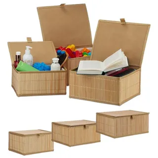 Relaxdays 6 x Aufbewahrungskorb, mit Deckel & Stoffeinsatz, Bambuskorb, dekorative Aufbewahrungsbox, 3 Größen, Regalkorb, natur