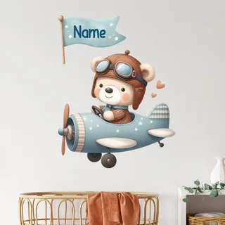 GRAZDesign Wandtattoo Kinderzimmer Bär im Flugzeug mit Namen personalisiert für Jungen - 39x30cm