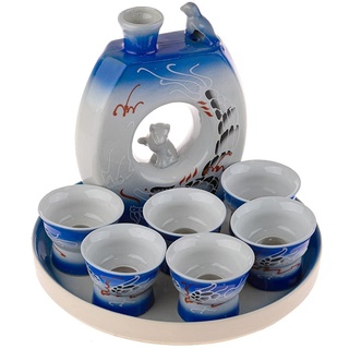 lachineuse - Saké-Service für Damen – mit 6 Saké-Schalen, Karaffe & Tablett – japanische Sake-Gläser – Geschenkidee Chinesisch – Traditionelles Saké-Service aus japanischem Porzellan – Blau