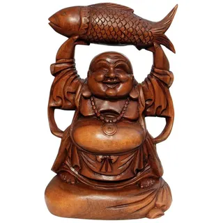 Wogeka Buddhafigur lachender Happy Buddha mit Fisch Holz-Figur