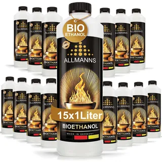 Allmanns Bioethanol 15 x 1l 100% | Bio Ethanol 100 Prozent | Reiner Bioalkohol geeignet für Indoor & Outdoor | ideal für Tischkamin Tischfeuer Kaminofen Feuerstelle Feuersäule