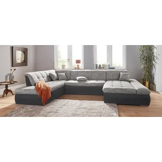 DOMO collection Wohnlandschaft PB MORIC wahlweise mit Bettfunktion und Armteilverstellung U-Form, XXL-Format B/T/H: 353/216/80 cm, feine Steppung, incl. Zierkissen grau|schwarz
