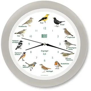 KOOKOO Singvögel Seiden-Grau, Die Singende Vogeluhr, mit 12 heimischen Singvögeln und echten, natürlichen Vogelstimmen, mit RC Funkquarzwerk