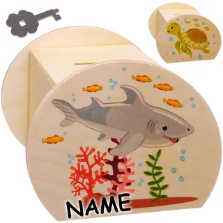 alles-meine.de GmbH große Holz - Spardose - Hai Fisch & Schildkröte - inkl. Name - mit Schlüssel & Schloß - stabile Sparbüchse - 11,5 cm - Sparschwein - für Kinder & Erwachsene -..