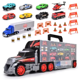 Dickie Toys Cleverer Autotransporter (62 cm) - LKW Spielzeug mit 9 Metallfahrzeugen & Zubehör - Tragbarer Spielzeugautos-Koffer für Kinder ab 3 Jahren, Kinderauto Set für Reisen - 203749023