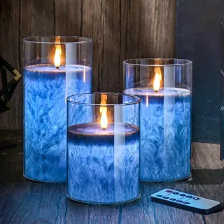 MOZC LED kerzen flackernde flamme, LED kerze mit Timerfunktion im Glass, Elektrische Echtwachskerzen mit Fernbedienung, 3 teilige Flammenlose Kerzen für Deko Schlafzimmer, Badezimmer Deko
