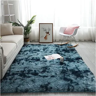 GOUSANG Rechteckiger Teppich 60 x 150 cm Teppich Longhair Fell Longhair Wolle Bettvorleger Kunstfell Dekofell in Super für Schlafzimmer Kuche Treppe, Dunkelblau