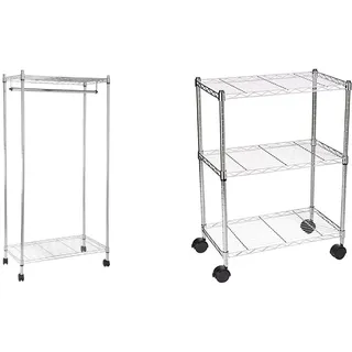 Amazon Basics Kleiderständer mit zwei Ablagen, verchromt & Regal mit Rollen und 3 Regalböden - Chrom