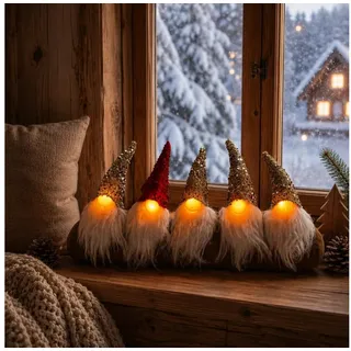 Online-Fuchs Wichtel auf Stoffrolle, 5er Parade mit leuchtender LED Nase, Weihnachtsdeko (62 cm breit, ideal für die Fensterbank oder auf dem Sideboard), inklusive praktischer 6-Stunden Timerfunktion bunt