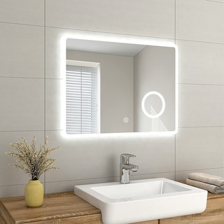 EMKE Beleuchteter Badezimmerspiegel mit Rasiersteckdose, 800 x 600 mm, Wandmontage, Multifunktions-LED-Badezimmerspiegel mit Touch-Schalter, Entfeuchter-Pad und 3-facher Lupe [horizontal]