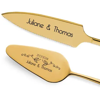 GRAVURZEILE Tortenheber inkl. Tortenmesser mit persönlicher Gravur - Blumenranke - Geschenk zur Hochzeit - Hochwertiger Edelstahl - Spülmaschinengeeignet - Hochzeitsgeschenke für Brautpaar - Gold