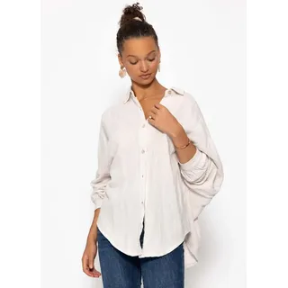 SASSYCLASSY Longbluse Oversize Musselin Bluse Damen kurz Langarm Elegant Hemdbluse lang aus Baumwolle mit V-Ausschnitt, One Size (Gr. 36-48) beige