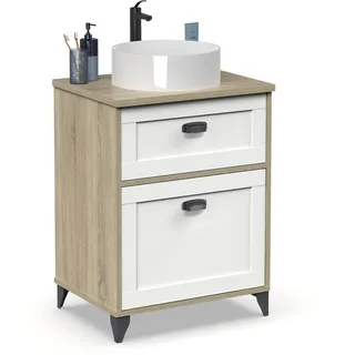 Muebles Pitarch | Badezimmermöbel, Breite 60 cm, mit Beinen, langsames Schließen der Schublade, 1 Tür, für Aufsatzwaschbecken, Weiß und Cambrian Eiche, Vintage-Stil, Modell Toscana
