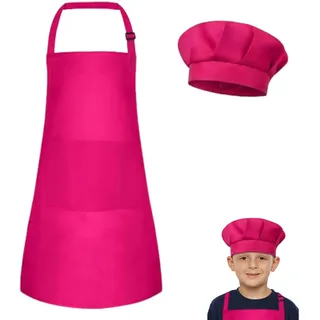 Kinder Schürze und Kochmütze Set,Verstellbare Kinder Kochschürze Kinderschürze für Jungen Mädchen 4-12Jahre,Schürze kinder Schule,Malschürze,Bastelschürzen mit Taschen zum Kochen Backen Malen,Rosenrot
