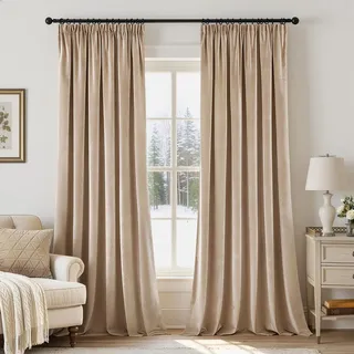 Woaboy Samtvorhang mit Kräuselband Beige Samt Gardinen Deko Blickdichte Vorhänge 2er Set, Schöne Dicke und Schwere Wohnzimmer Schlafzimmer Verdunkelung Thermovorhang, H260 x B140 cm